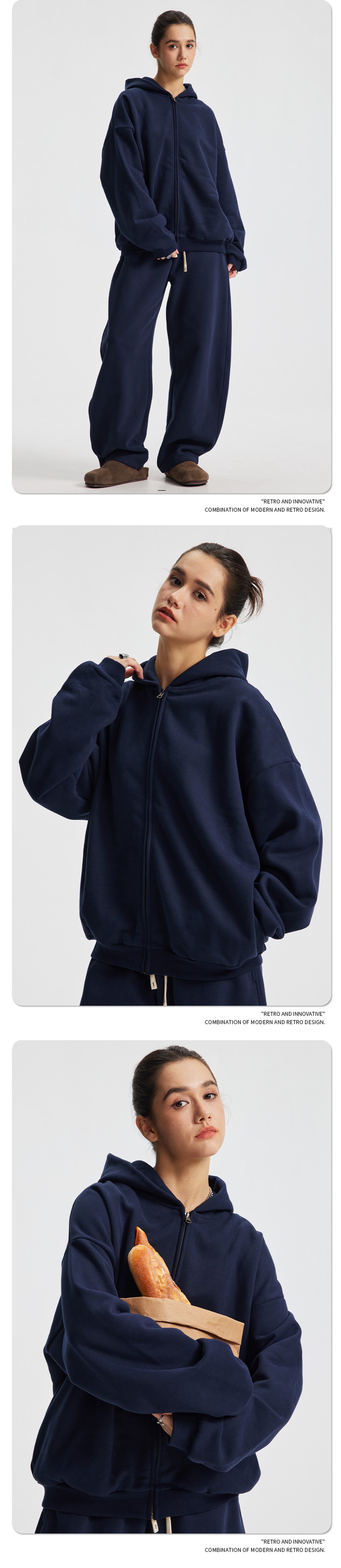 Fleece Lining Side Pocket Zipper Hoodie & Fleece Lining Wide Leg Sweatpants Setup WN23114