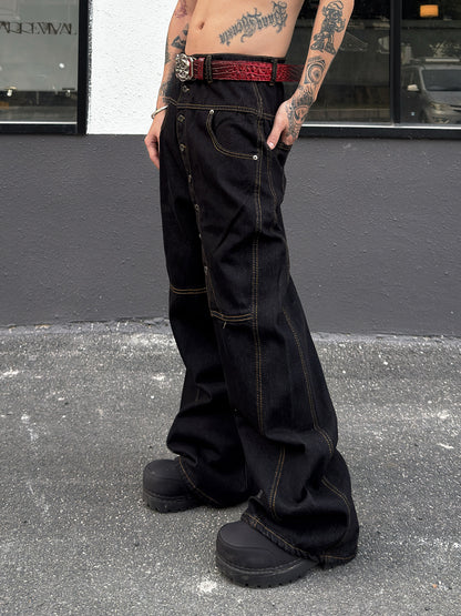 Multi Button Raw Denim Wide Leg Denim Jeans WN23022