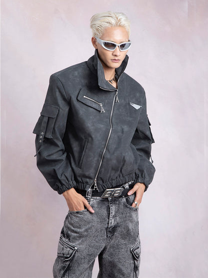 PU Leather Shoulder Pad Flight Short Jacket WN9333