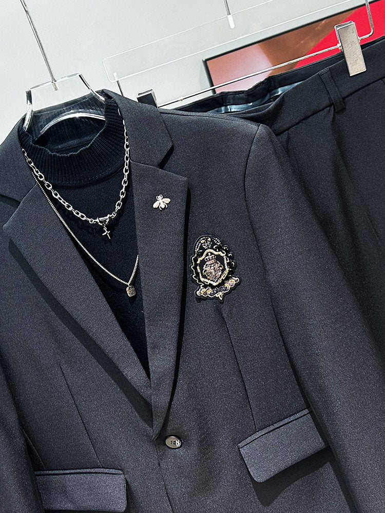 Badge Embroidery Tailored Jacket & Straight Trousers Setup WN23955