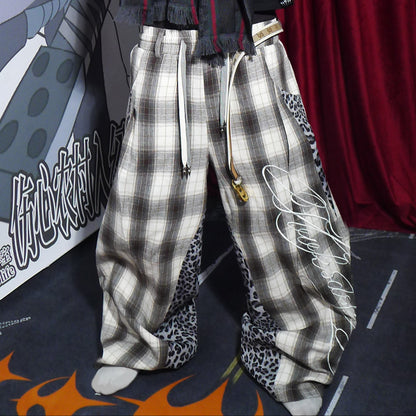 Plaid Leopard Panel Letter Print Wide Leg Pants WN27383