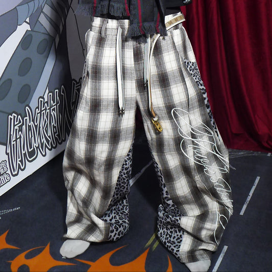 Plaid Leopard Panel Letter Print Wide Leg Pants WN27383