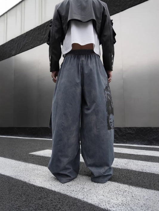 Graphic Print Text Detail Wide Leg Pants WN28088