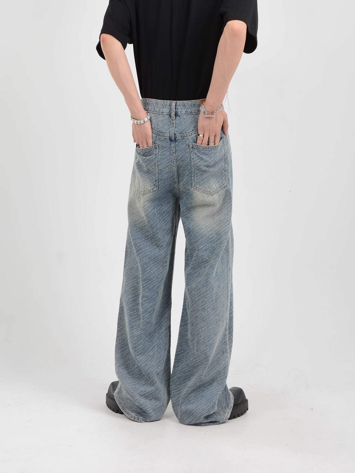 Washed Damage Wide-Leg Straight Denim Jeans WN7133