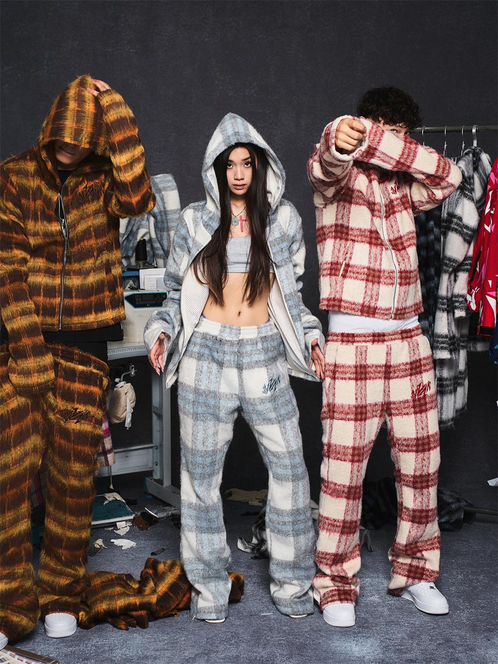 Mohair Jacquard Hooded Knit Jacket & Knit Pants Setup WN20981