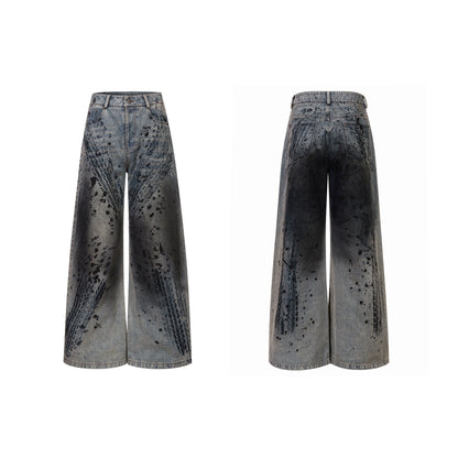 Tire Print Hight Neck Shoulder-pad Damage Denim Jacket & Denim Jeans Setup WN21793