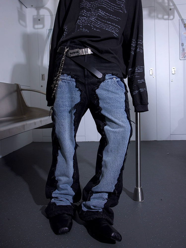 Deconstruction Patch Damage Washed Flare Denim Jeans WN21300