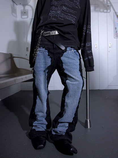 Deconstruction Patch Damage Washed Flare Denim Jeans WN21300