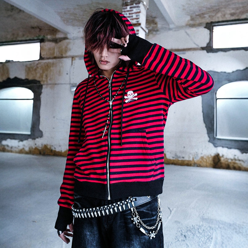 Skull Design Stripe Zipper Hoodie WN16089