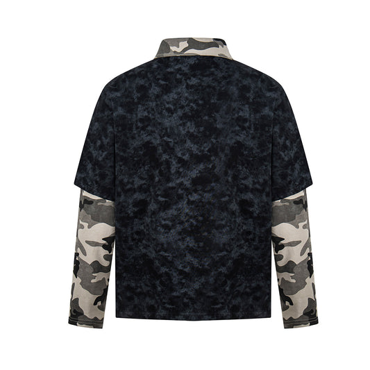 Polo Collar Fake Layered Tie-Dye Print Long Sleeve T-Shirt WN25703