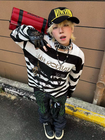 Graphic Letter Print Stripe Knit Sweater WN20897