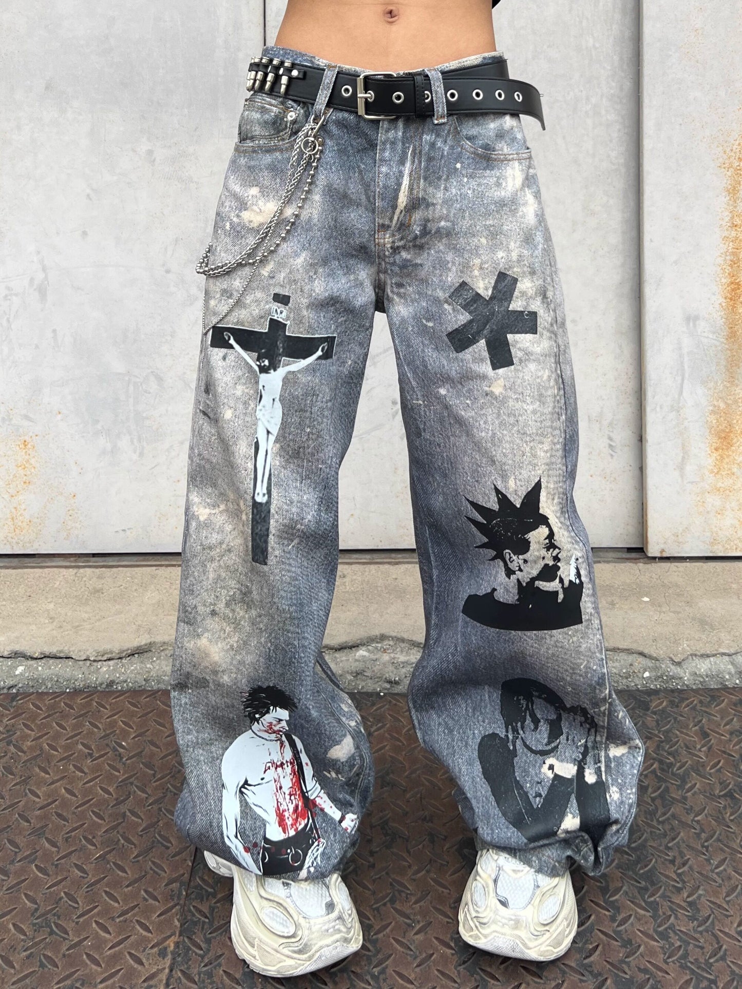 3D Print Wide Leg Denim Jeans WN24098