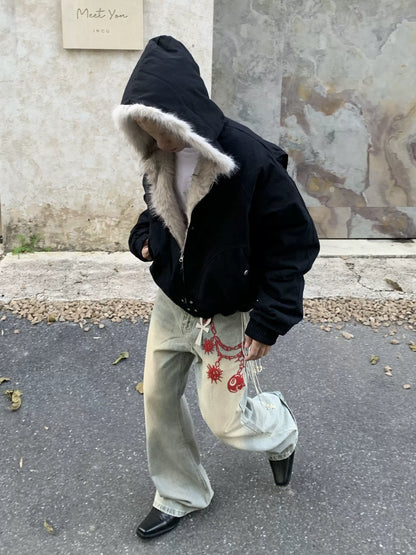 Hooded Fake Fur Canvas Padded Jacket WN22231