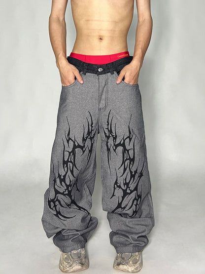 Thorn Spliced Design Wide Leg Straight Denim Jeans WN24092