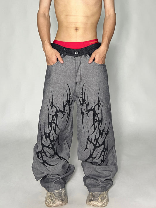 Thorn Spliced Design Wide Leg Straight Denim Jeans WN24092