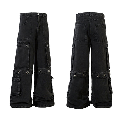 Washed Eyelet Cargo Denim Jeans WN25447