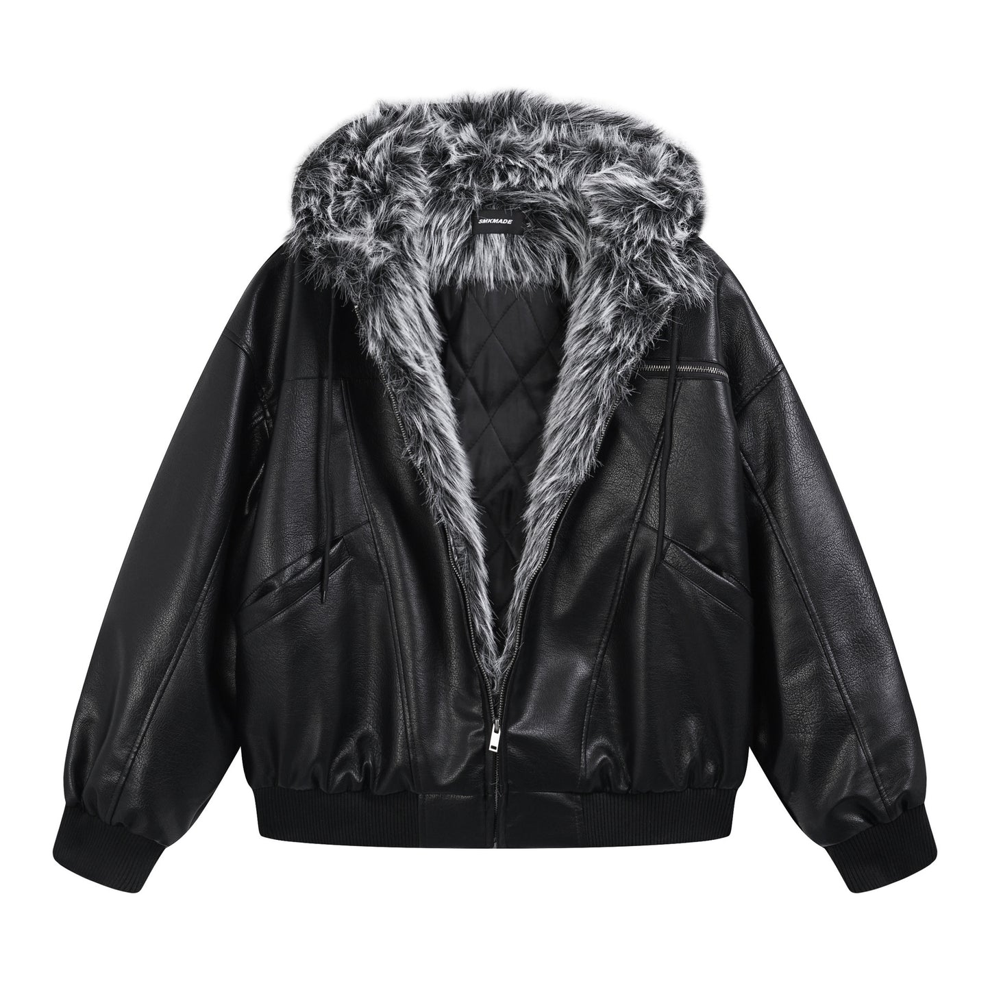 Hooded Fake Fur Lining Zip-Up PU Leather Jacket WN23081