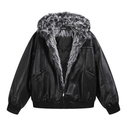 Hooded Fake Fur Lining Zip-Up PU Leather Jacket WN23081