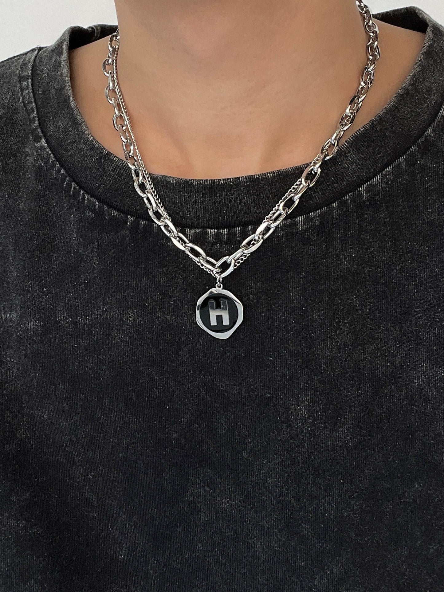 Double Layer Letter H Pendant Titanium Steel Necklace WN19222