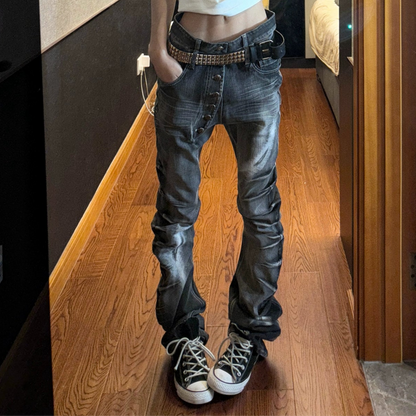 Washed Whisker Straight Denim Jeans WN20891