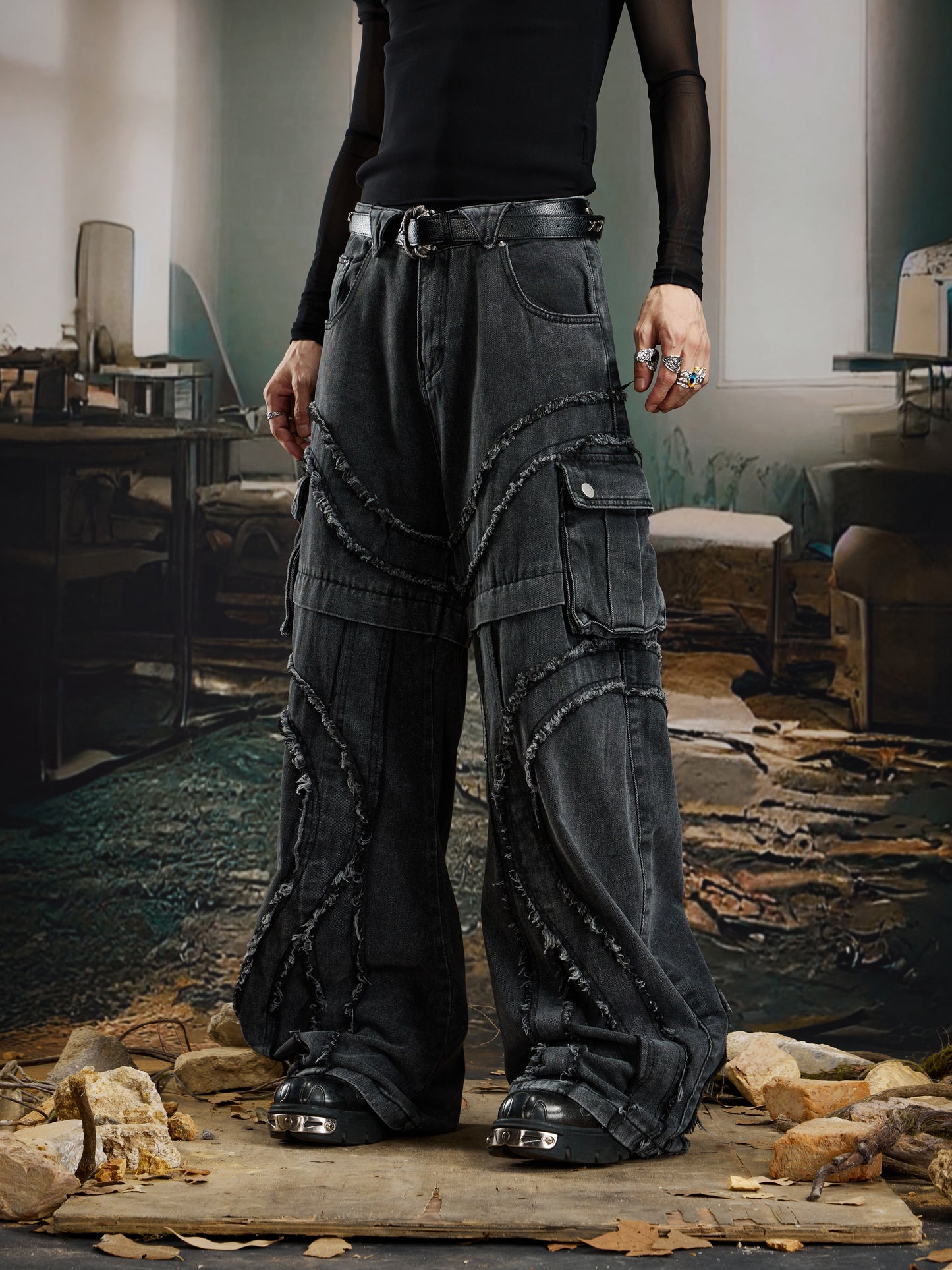 Deconstructed Patchwork Washed Fringe Utility Pocket Wide Leg Straight Denim Jeans WN22752