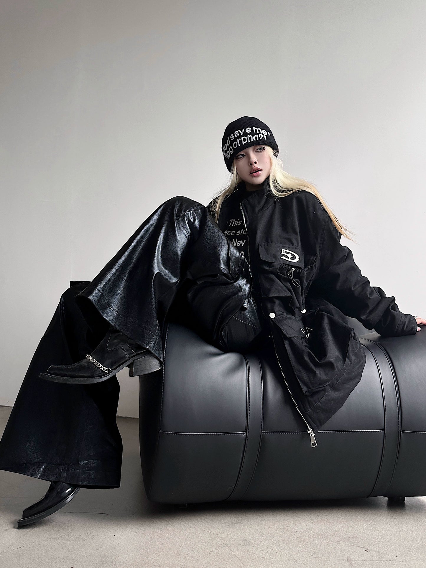 Glossy Coated Multi-Pocket PU Leather Wide Leg Cargo Pants WN18153