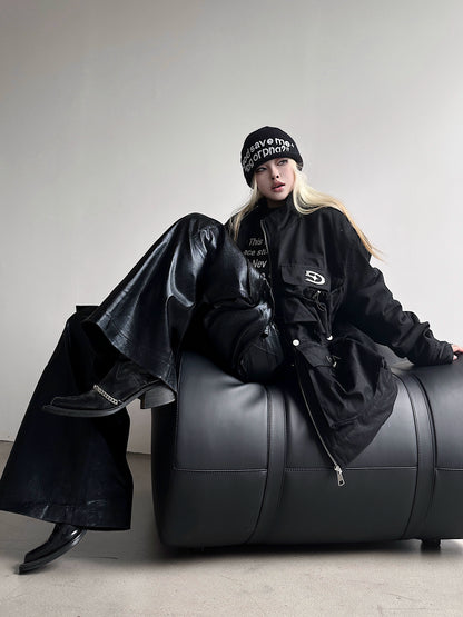 Glossy Coated Multi-Pocket PU Leather Wide Leg Cargo Pants WN18153