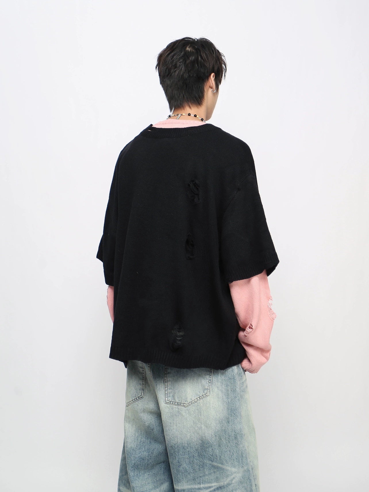Damage Hole Fake Layered Knit Sweater WN21043