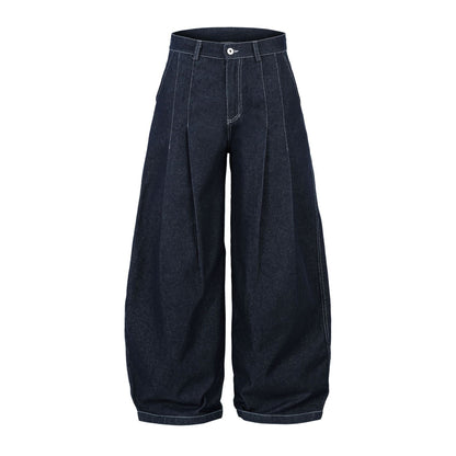 Raw Pleats Wide Leg Denim Jeans WN25990