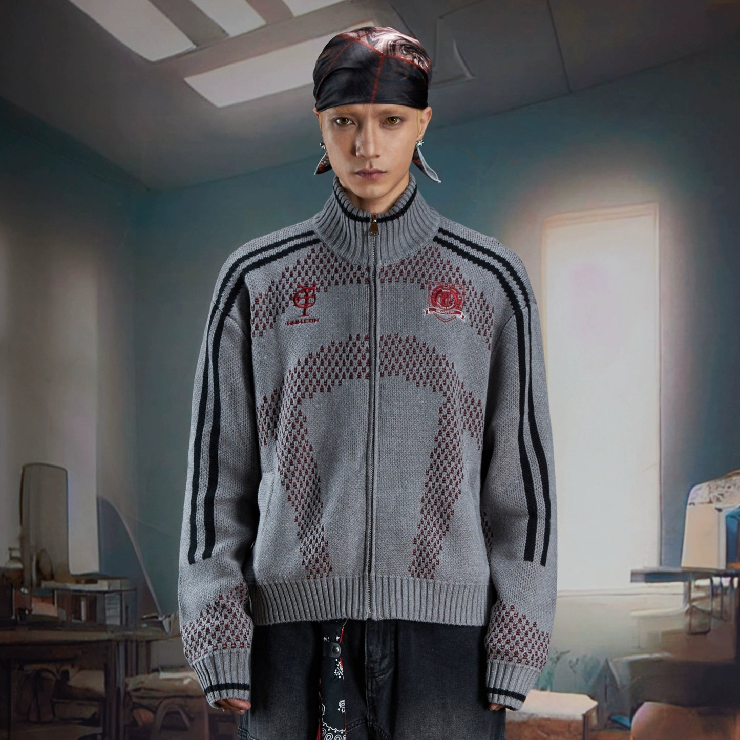 Contrast Stand Neck Zipper Knit Cardigan WN21373