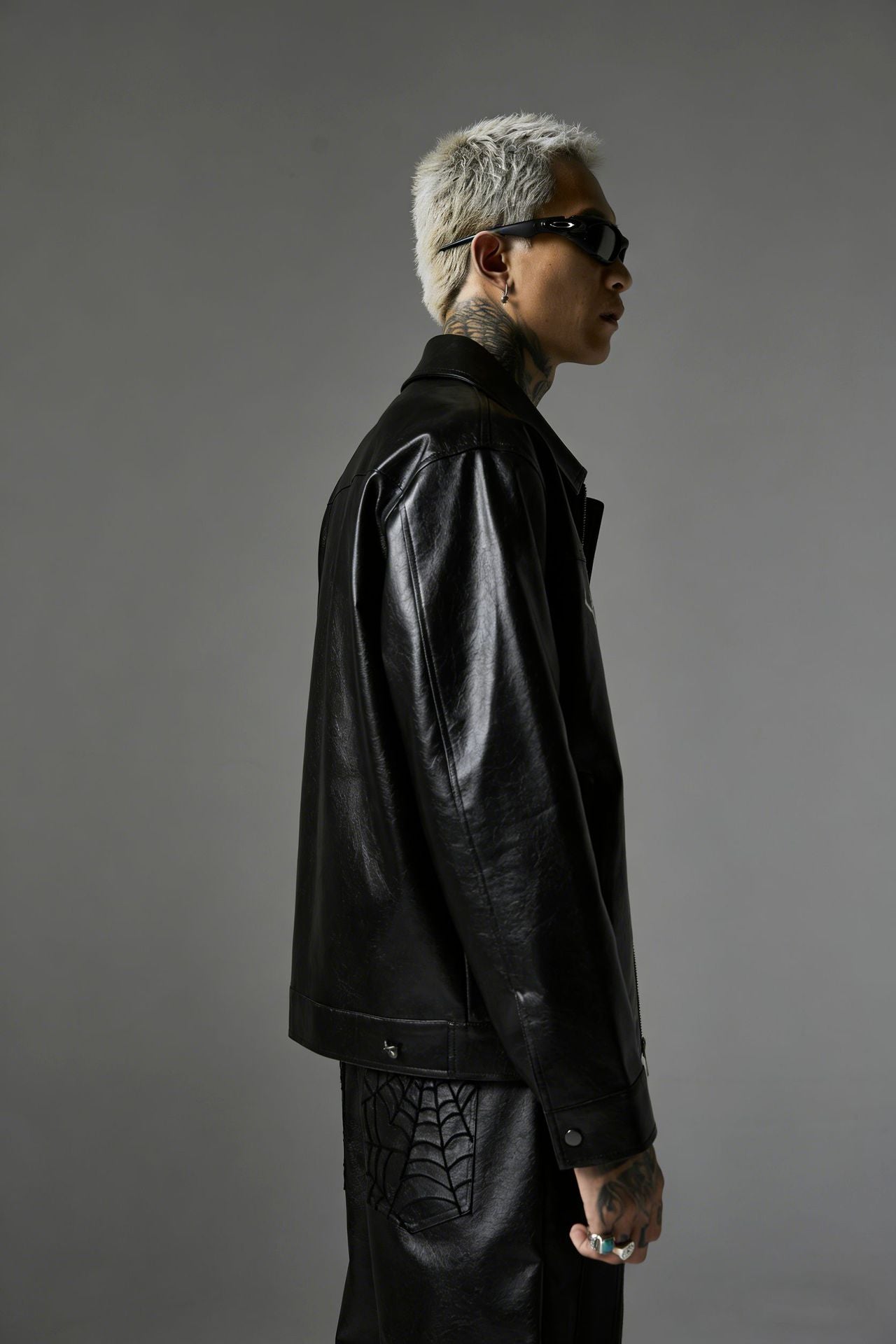 Snap-Button Emboss PU Leather Jacket &PU Leather Wide Leg Pants Setup WN23095-K