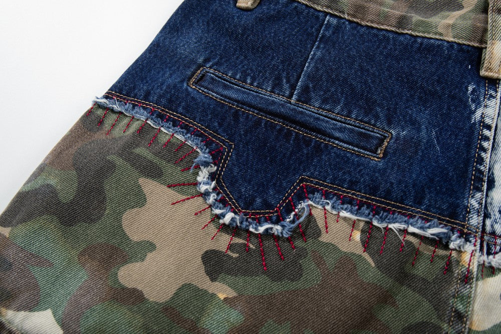 Denim Camouflage Patchwork Multi-Pocket Wide Leg Cargo Pants WN27858