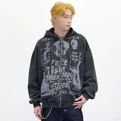 Portrait Letter Graffiti Print Zipper Hoodie WN24271