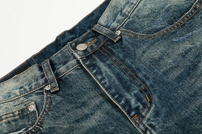 Damage Whisker Wash Straight Denim Jeans WN25951
