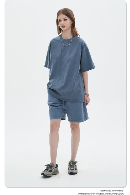 Washed Dyed Oversize Damage Short-sleeve T-shirt & Short Sweatpants Setup WN6630