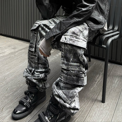 Washed Cargo Pocket Stacked Wide Leg Denim Jeans WN27394