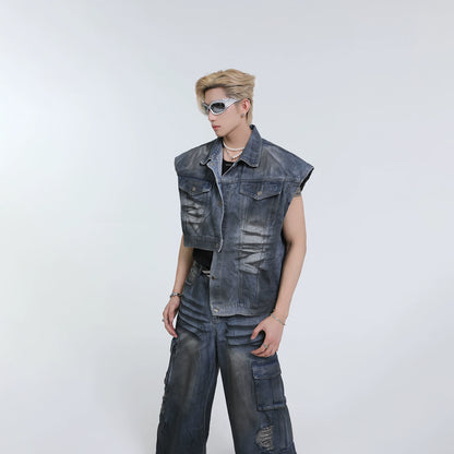 Asymmetrical Denim Vest & Wide Leg Cargo Denim Jeans Setup WN7332