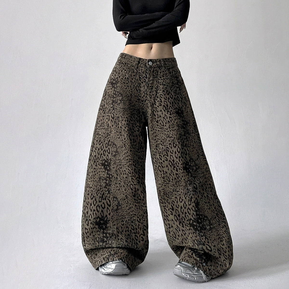 Leopard Print Curved Straight Wide Leg Denim Jeans WN25675