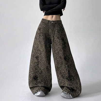 Leopard Print Curved Straight Wide Leg Denim Jeans WN25675