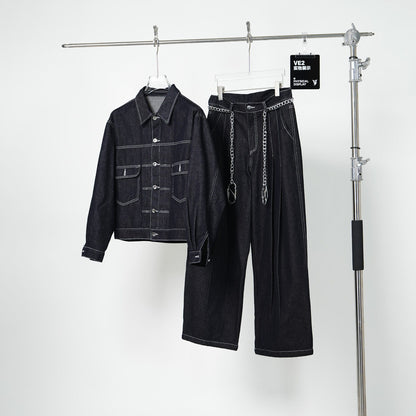 Contrast Stitch Short Jacket & Wide Leg Denim Jeans Setup WN24140