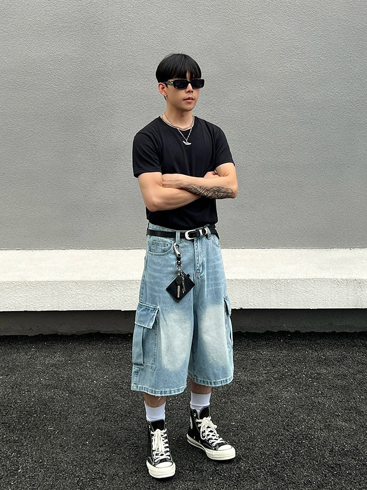 Washed Light Blue Multi-Pocket Wide Leg Denim Half Pants WN19555