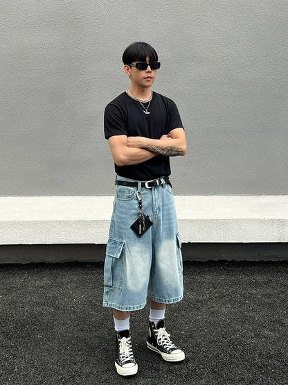 Washed Light Blue Multi-Pocket Wide Leg Denim Half Pants WN19555