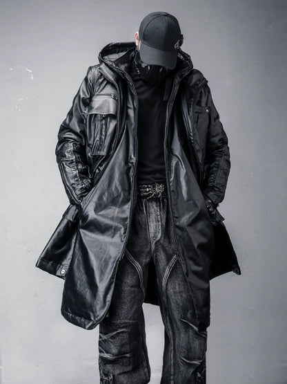 Hooded Fake Layered Large Pockets Wax Dye Coat WN22420