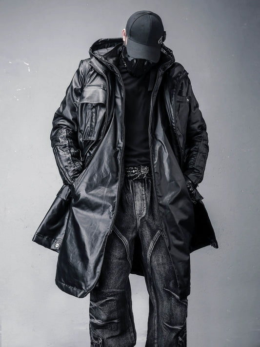 Hooded Fake Layered Large Pockets Wax Dye Coat WN22420