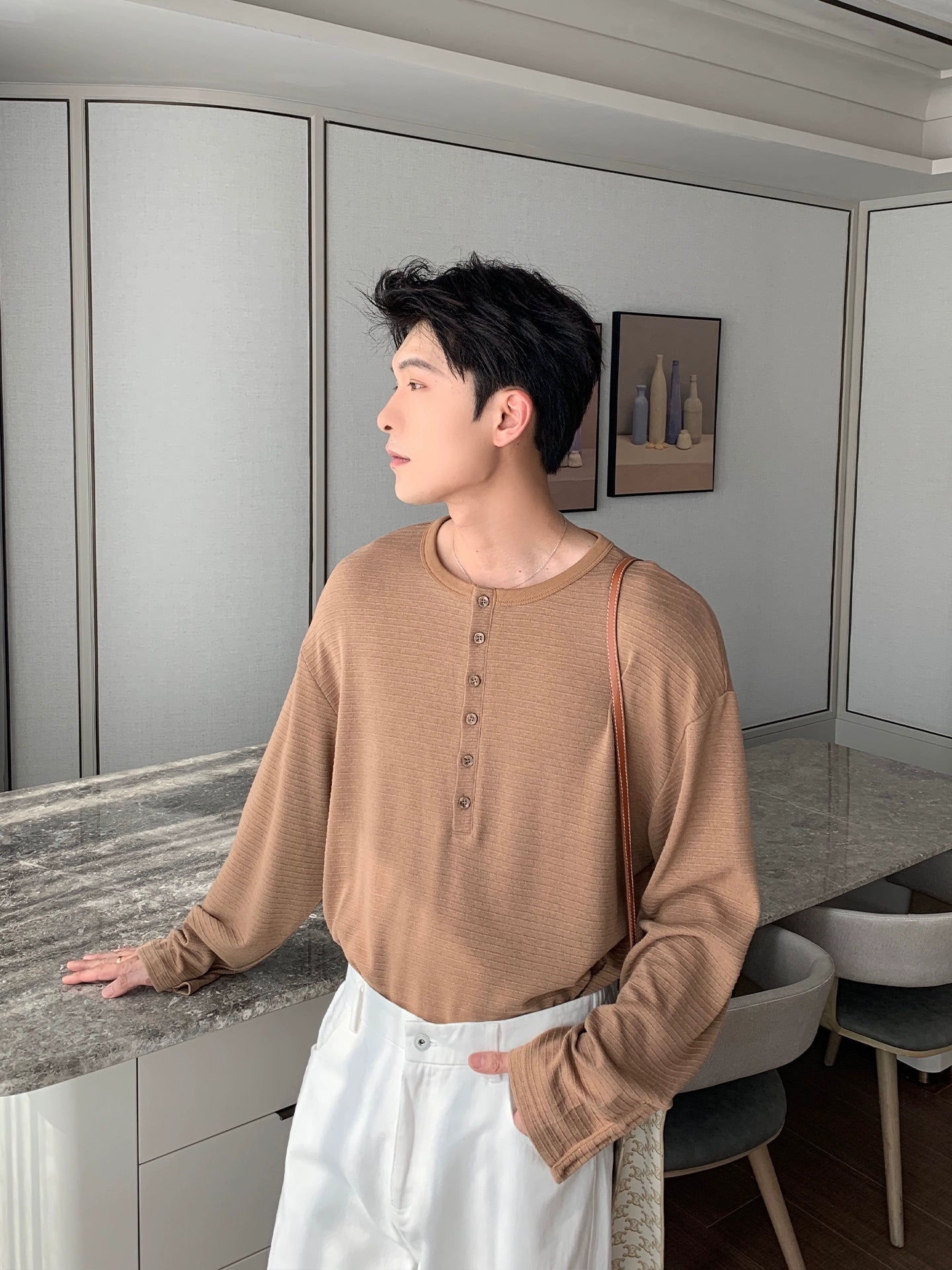 Wrinkle-Free Henry Neck Long Sleeve T-Shirt WN20476