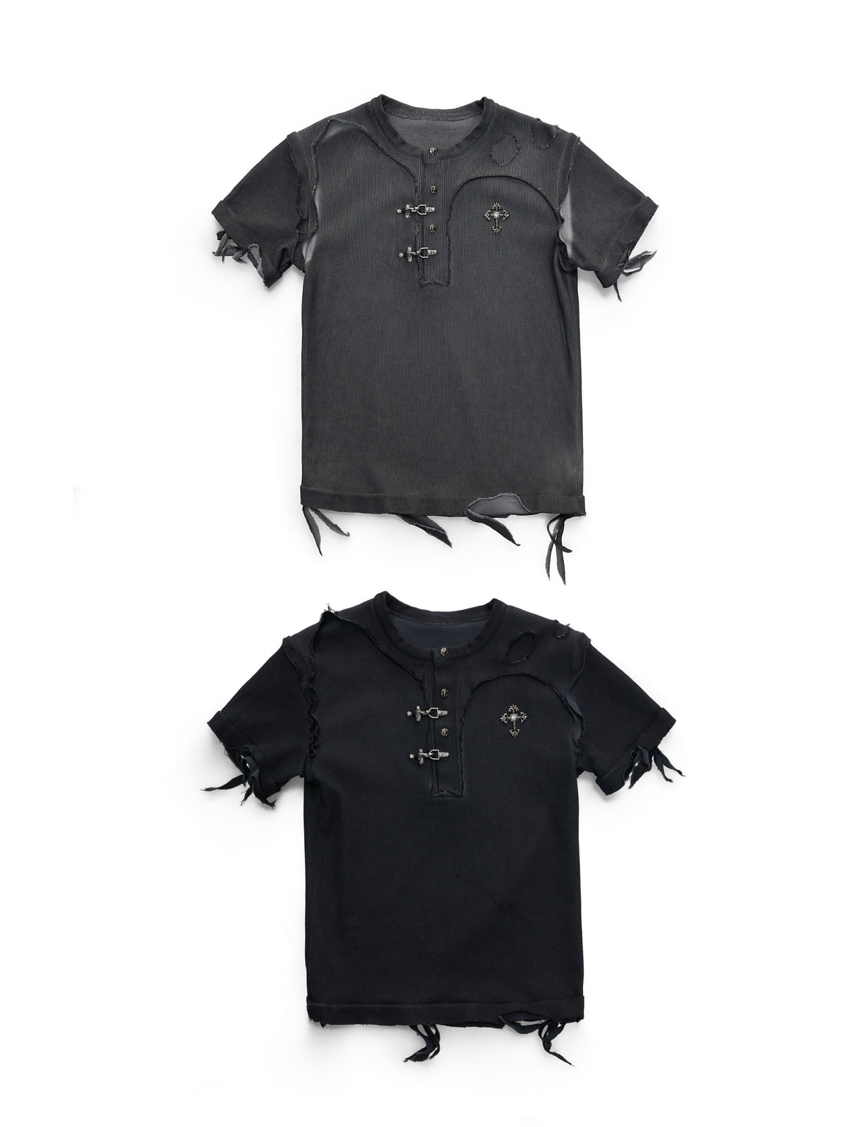Henley-Neck Ribbed Damage Raw-Edge Short Sleeve T-Shirt WN27026