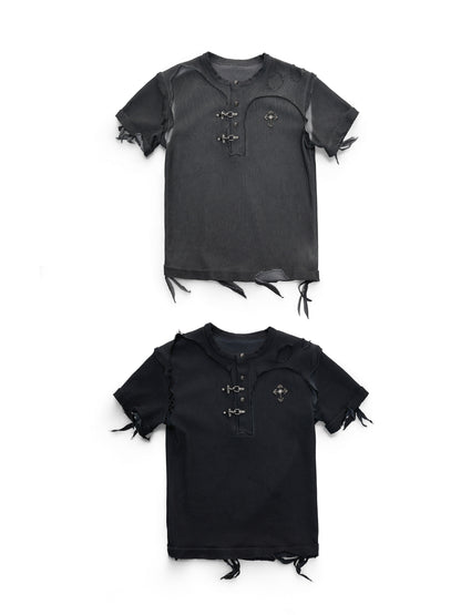 Henley-Neck Ribbed Damage Raw-Edge Short Sleeve T-Shirt WN27026