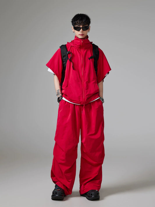 Hooded Short Sleeve Sporty Jacket & Sweat Pants Setup WN13358