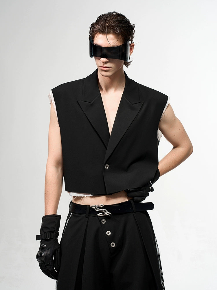 Frayed Hem Sleeveless Tailored Jacket & Half Pants Setup WN16561