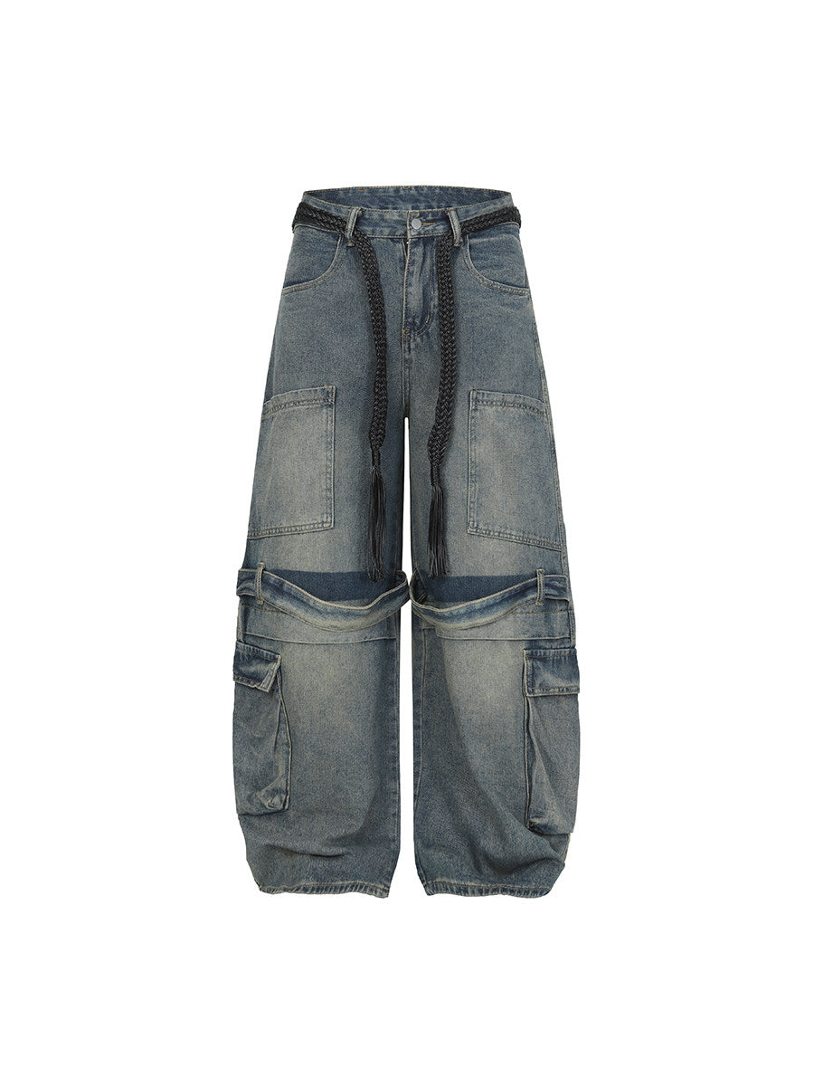 Multi-Pocket Washed Curved Wide Leg Cargo Denim Jeans WN24221